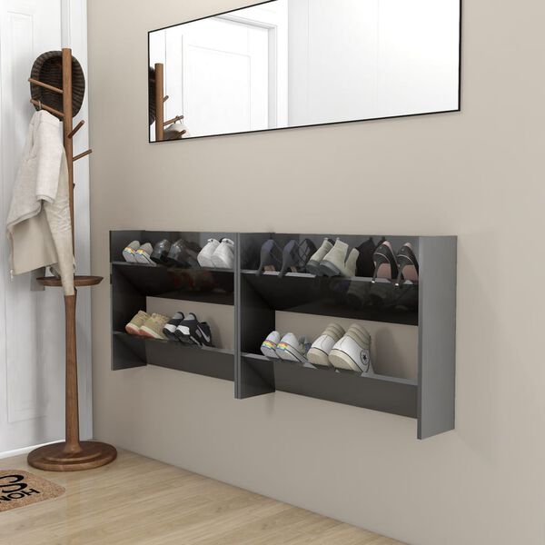 vidaXL Zapateros de pared 2 uds contrachapada gris brillo 80x18x60 cm