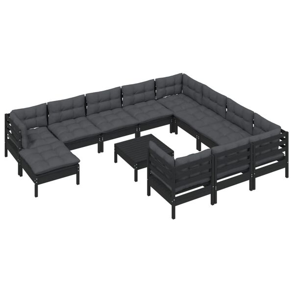 vidaXL Muebles de jard&iacute;n 12 pzas con cojines negro madera de pino