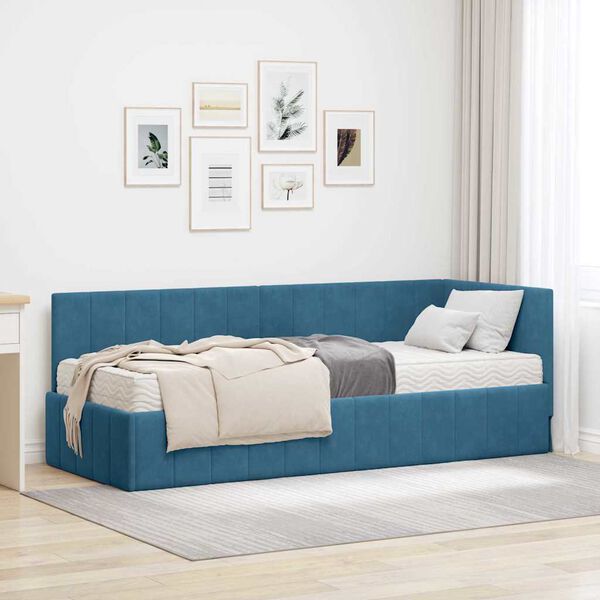 vidaXL Estructura de Cama Esquina con Colch&oacute;n 2 pcs Azul Terciopelo
