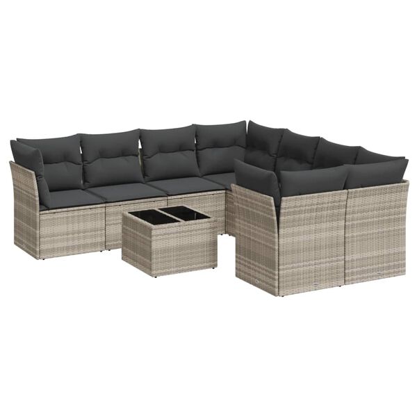 vidaXL Set muebles jard&iacute;n 9 pzas y cojines rat&aacute;n sint&eacute;tico gris claro