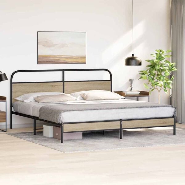 vidaXL Estructura de cama sin colch&oacute;n metal roble ahumado 183x213 cm