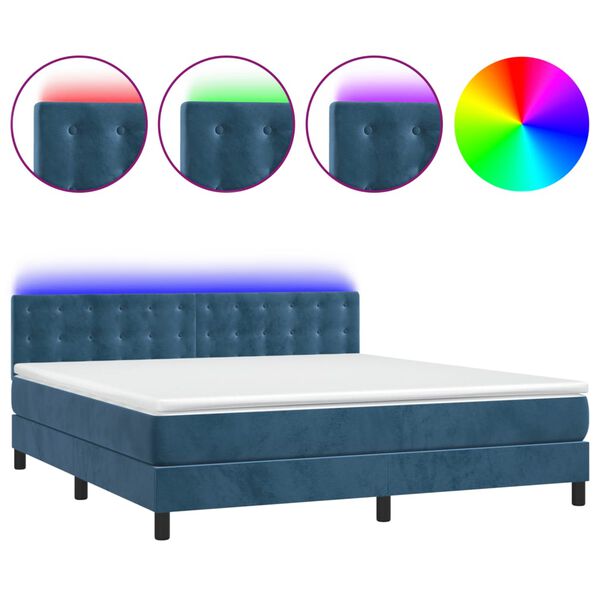 vidaXL Cama box spring colch&oacute;n y LED terciopelo azul oscuro 180x200 cm