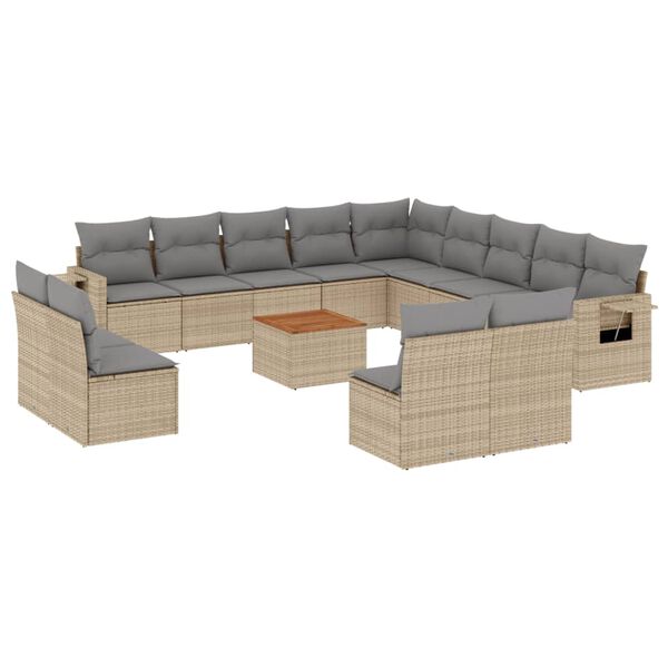 vidaXL Set sof&aacute;s jard&iacute;n 14 pzas y cojines rat&aacute;n sint&eacute;tico beige mezcla