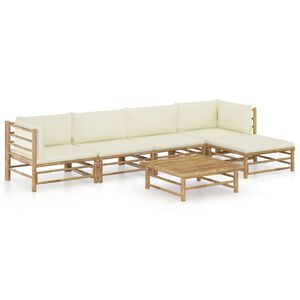 vidaXL Set de muebles de jard&iacute;n 6 piezas bamb&uacute; y cojines blanco crema