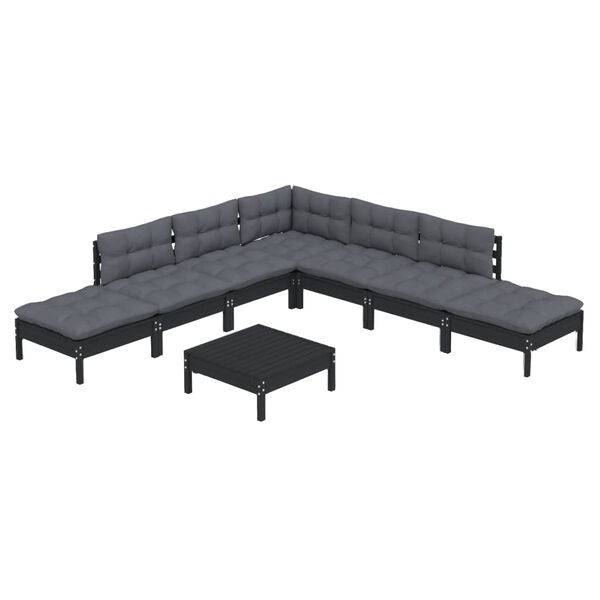 vidaXL Muebles de jard&iacute;n 8 pzas con cojines negro madera de pino