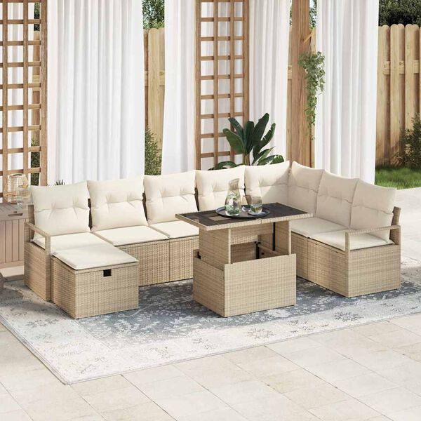 vidaXL Conjunto de sof&aacute; de jard&iacute;n con coj&iacute;n 9 pcs Beige Polirat&aacute;n