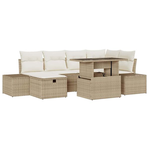 vidaXL Conjunto de sof&aacute; de jard&iacute;n 7 pcs Beige rat&aacute;n sint&eacute;tico