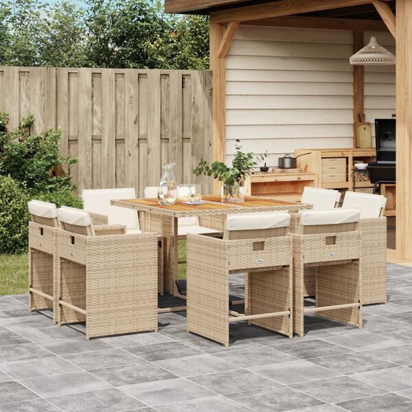 vidaXL Set comedor de jard&iacute;n 9 pzas con cojines rat&aacute;n sint&eacute;tico beige