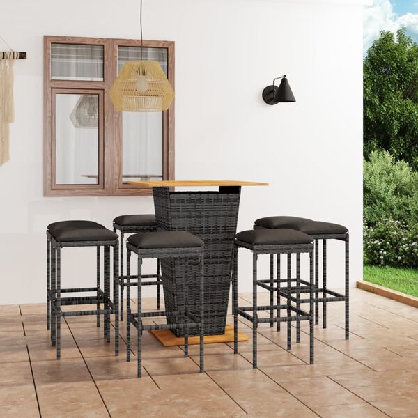 vidaXL Set de muebles de bar de jard&iacute;n 9 pzas y cojines rat&aacute;n PE gris