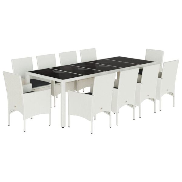 vidaXL Set comedor jard&iacute;n 11 pzas con cojines rat&aacute;n PE vidrio blanco