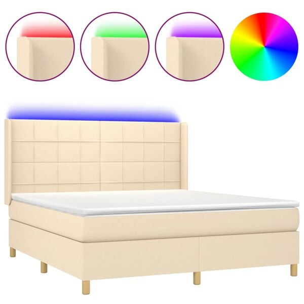 vidaXL Cama box spring colch&oacute;n y luces LED tela crema 160x200 cm