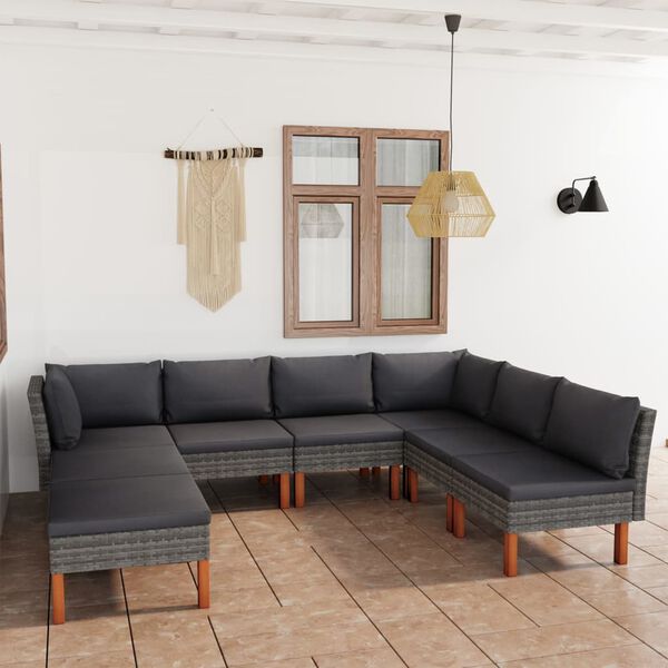 vidaXL Set de muebles de jard&iacute;n 8 pzas y cojines rat&aacute;n sint&eacute;tico gris