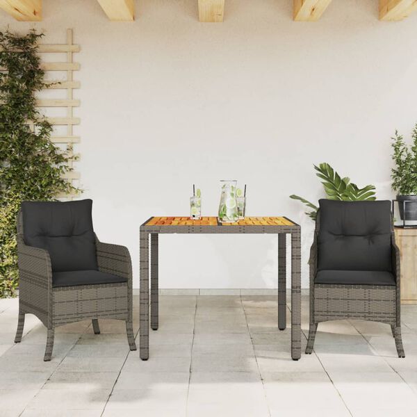 vidaXL Set comedor de jardín 3 piezas con cojines ratán sintético gris