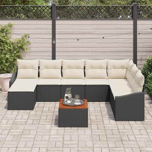 vidaXL Conjunto de sof&aacute; de jard&iacute;n con coj&iacute;n 9 pcs Negro Polirat&aacute;n