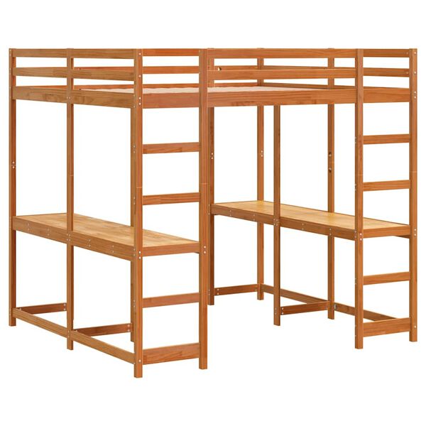 vidaXL Cama alta con escritorio y escalera madera marr&oacute;n 200x200 cm