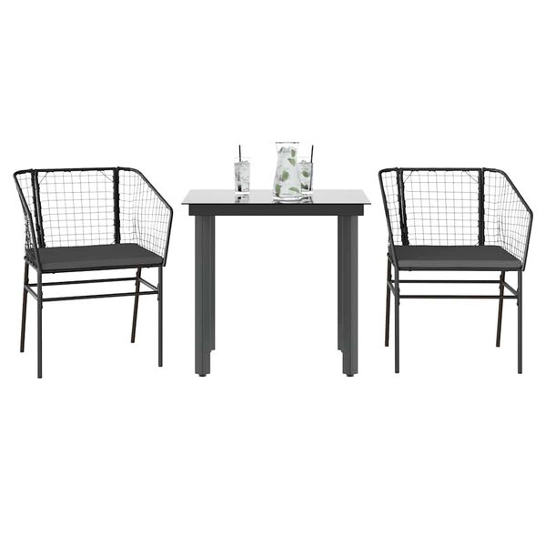 vidaXL Set comedor jardín 3 pzas cojines ratán sintético vidrio negro
