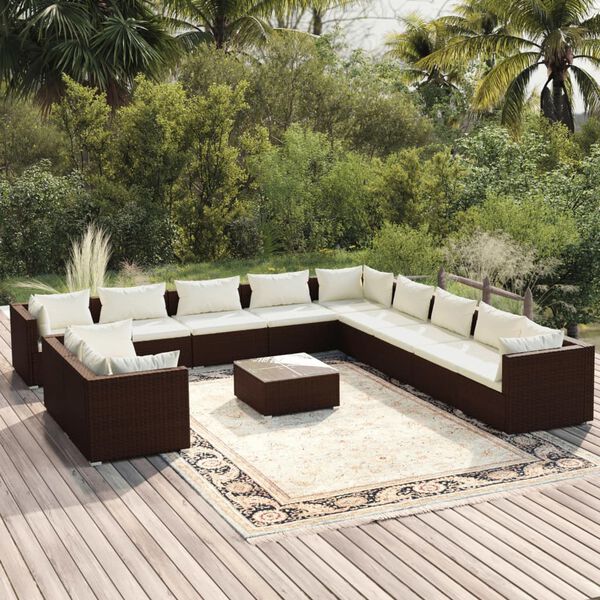 vidaXL Set muebles de jard&iacute;n y cojines 12 pzas rat&aacute;n sint&eacute;tico marr&oacute;n
