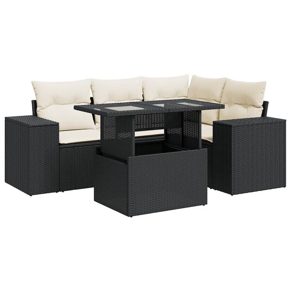 vidaXL Set de muebles de jard&iacute;n 5 pzas y cojines rat&aacute;n sint&eacute;tico negro