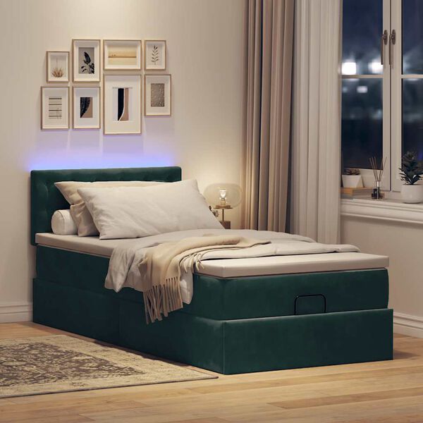vidaXL Cama otomana con colch&oacute;n y LED terciopelo verde oscuro 90x200cm
