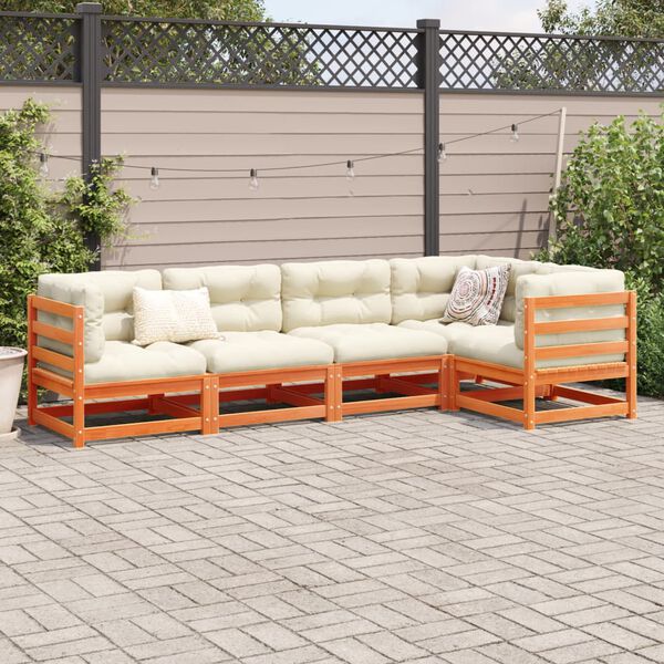 vidaXL Set de sofás jardín 5 pzas con cojines madera pino marrón cera