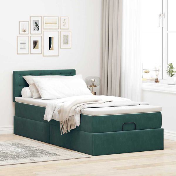 vidaXL Cama otomana con colch&oacute;n y LED terciopelo verde oscuro 90x200cm