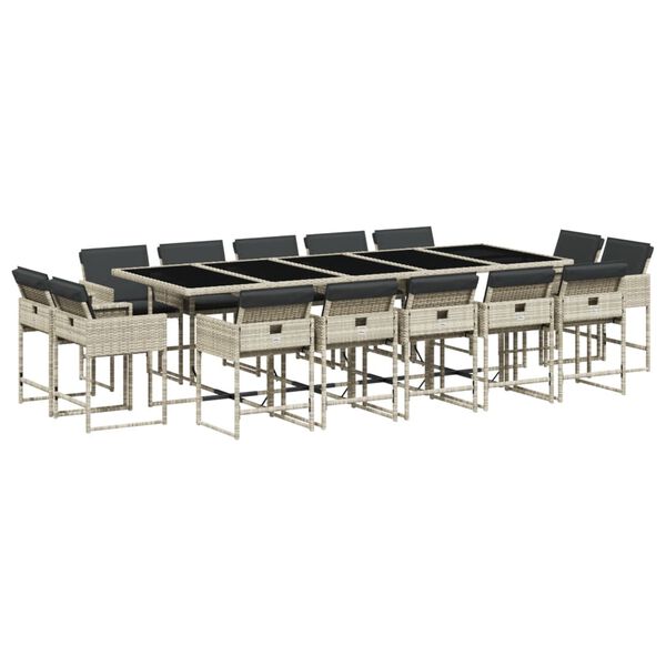 vidaXL Set comedor jard&iacute;n y cojines 15 pzas rat&aacute;n sint&eacute;tico gris claro