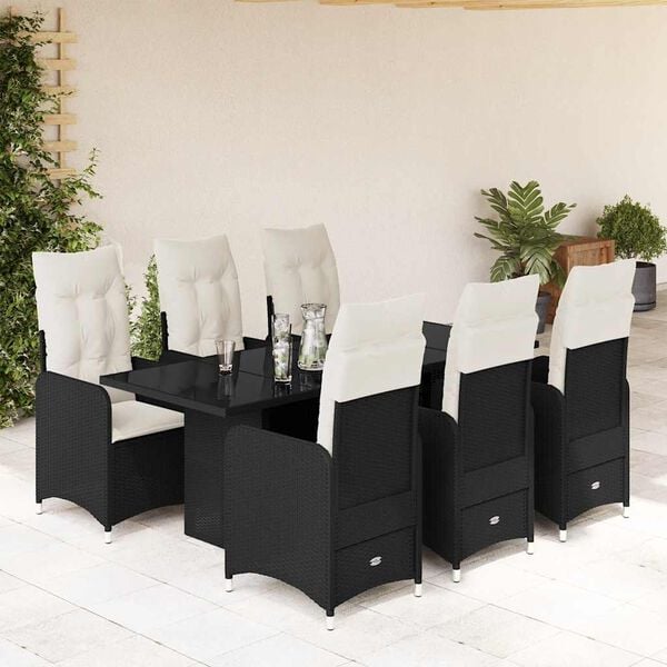 vidaXL Set de mesa y sillas de jard&iacute;n 7 pzas y cojines rat&aacute;n PE negro
