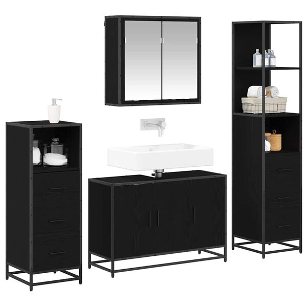 vidaXL Juego de muebles de ba&ntilde;o 4 pcs Roble Negro Madera de ingenier&iacute;a