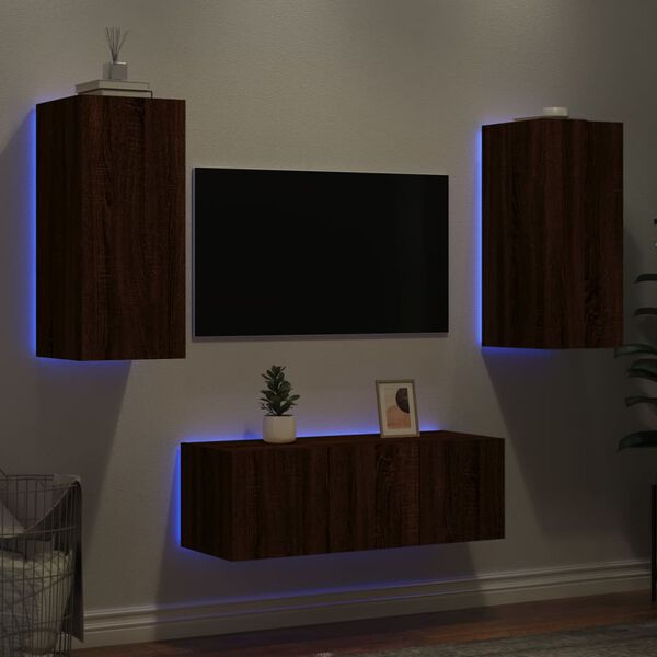 vidaXL Muebles TV pared con LED 4 pzas madera ingenier&iacute;a marr&oacute;n roble