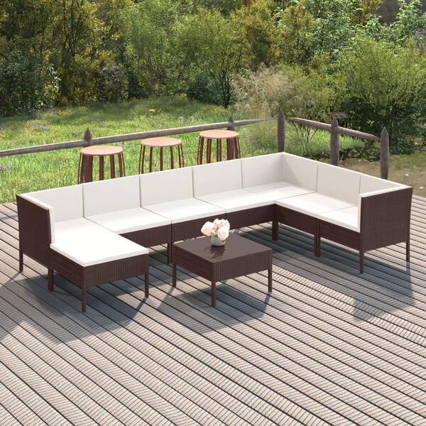vidaXL Set muebles de jard&iacute;n 9 pzas y cojines rat&aacute;n sint&eacute;tico marr&oacute;n
