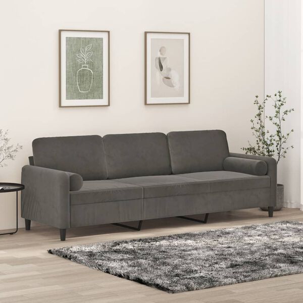 vidaXL Sof&aacute; 3 plazas almohadas y cojines terciopelo gris oscuro 210 cm