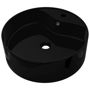 Lavabo de cer&aacute;mica con agujero para grifo/desag&uuml;e negro redondo