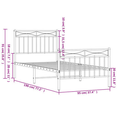 vidaXL Estructura cama metal con cabecero y pie cama blanca 90x190 cm