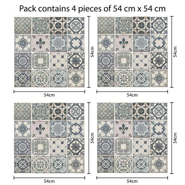 WALPLUS Vinilo mural decorativo baldosa vintage 4 l&aacute;minas azul 54x54cm