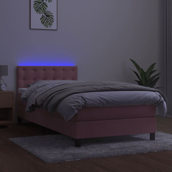 vidaXL Cama box spring colch&oacute;n y LED terciopelo rosa 90x190 cm
