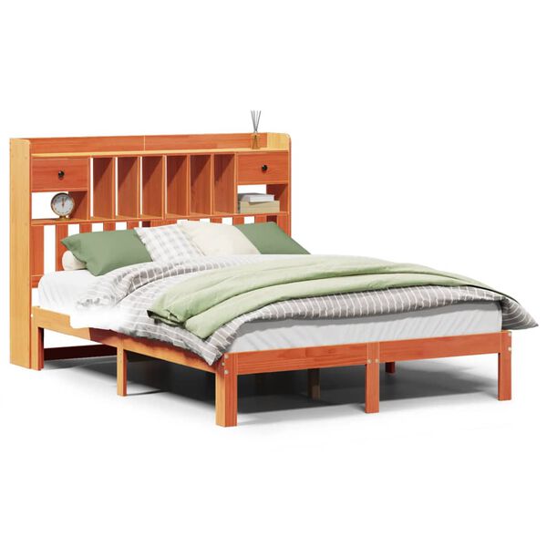 vidaXL Cama con estanter&iacute;a sin colch&oacute;n madera maciza marr&oacute;n 140x190 cm