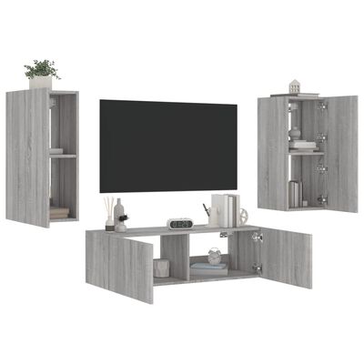 vidaXL Muebles de TV de pared con luces LED 3 piezas gris Sonoma