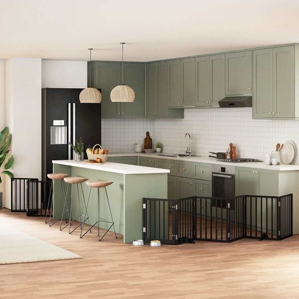 vidaXL Puerta para perros plegable 9 paneles madera &aacute;lamo negra 450 cm