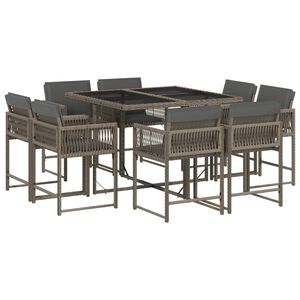 vidaXL Set comedor jard&iacute;n 9 pzas y cojines rat&aacute;n sint&eacute;tico gris