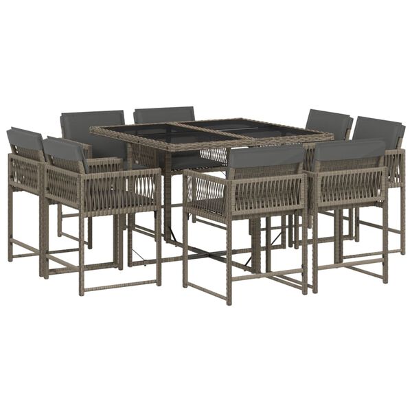 vidaXL Set comedor jard&iacute;n 9 pzas y cojines rat&aacute;n sint&eacute;tico gris
