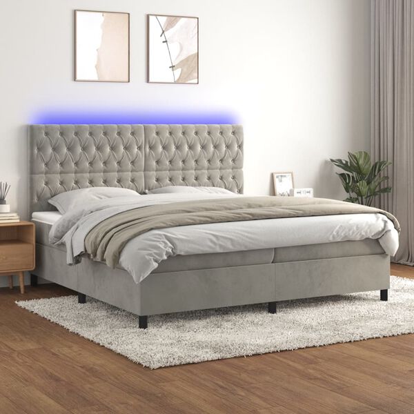 vidaXL Cama box spring colch&oacute;n y LED terciopelo gris claro 200x200 cm