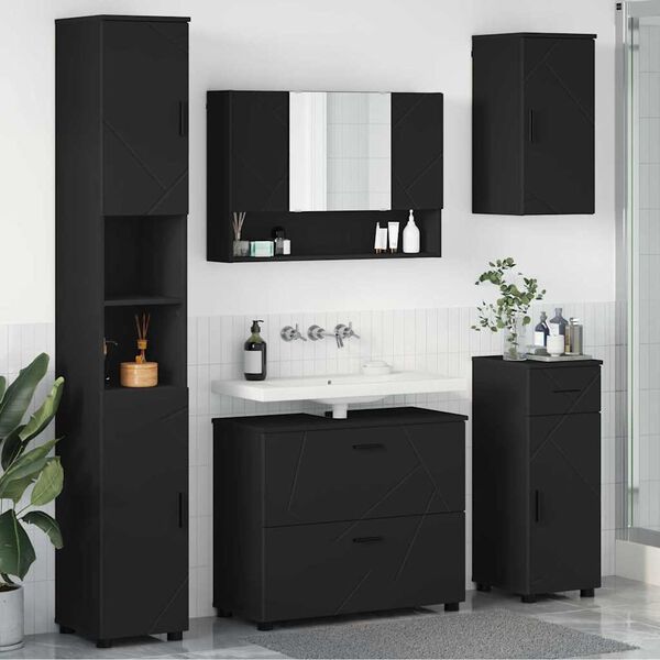 vidaXL Juego de muebles de ba&ntilde;o 5 pcs Negro Madera engineered y metal
