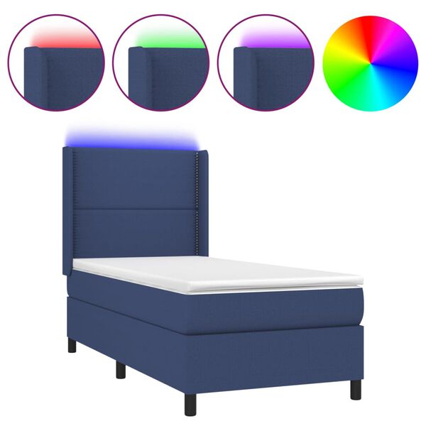 vidaXL Cama box spring colch&oacute;n y luces LED tela azul 90x190 cm