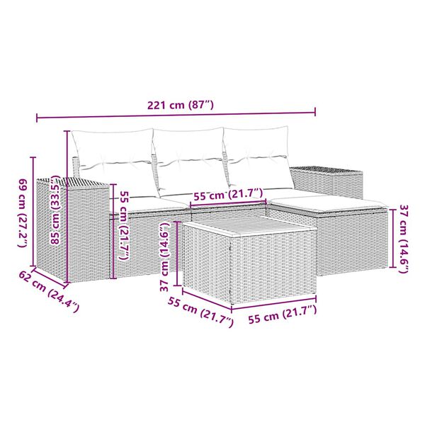 vidaXL Set de muebles de jard&iacute;n 5 pzas y cojines rat&aacute;n sint&eacute;tico negro
