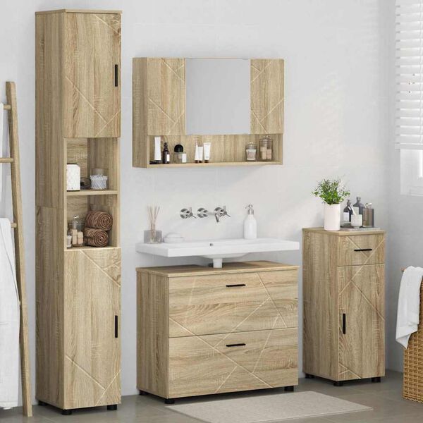 vidaXL Juego de muebles de ba&ntilde;o con caj&oacute;n 4 pcs Roble Sonoma