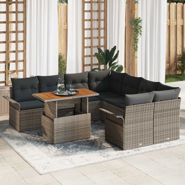 vidaXL Conjunto de sof&aacute; de jard&iacute;n 9 pcs Gris Polirat&aacute;n