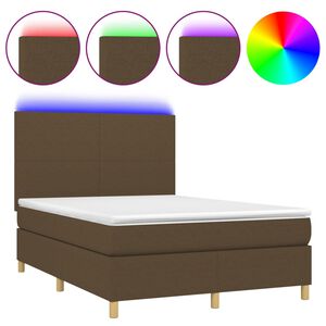 vidaXL Cama box spring colch&oacute;n luces LED tela marr&oacute;n oscuro 140x190 cm