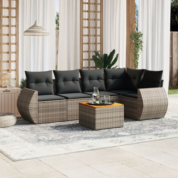 vidaXL Set de muebles de jard&iacute;n 6 pzas y cojines rat&aacute;n sint&eacute;tico gris