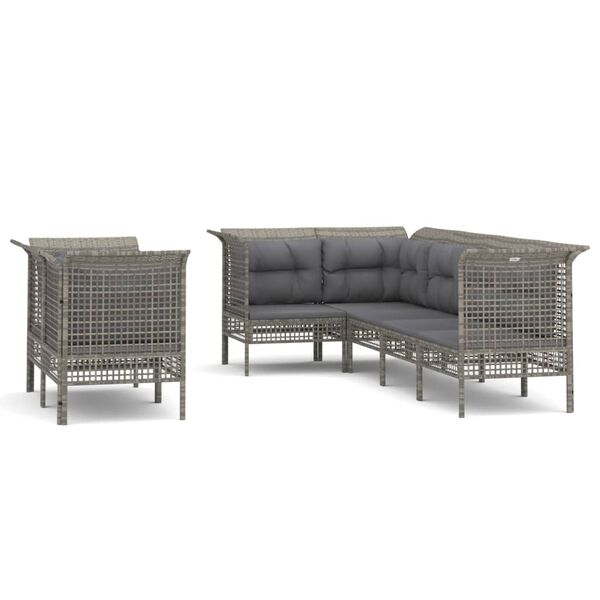 vidaXL Set de muebles de jard&iacute;n 7 pzas y cojines rat&aacute;n sint&eacute;tico gris