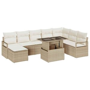 vidaXL Conjunto de sof&aacute; de jard&iacute;n 9 pcs Beige Polirat&aacute;n